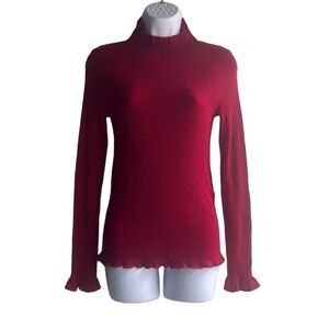 Marc Cain US Small N2 Wool Cashmere Sweater Red High Neck Ribbed Lettuce Hem NWT